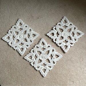 Set of 3 White Carved Wood Wall Decor Panels | Boho Coastal Farmhouse